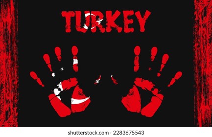 Bandera vectorial de Turquía en forma de palmas pacíficas con trazos de texto y pincel sobre un fondo negro.