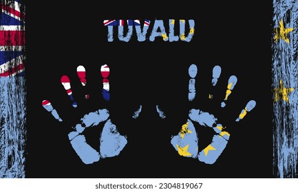 Drapeau vectoriel de Tuvalu sous forme de palmiers pacifiques avec texte et coups de pinceau sur fond noir.