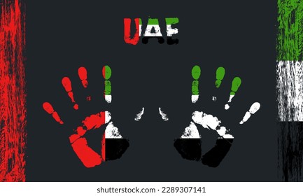 Vector flag of UAE in the form of peaceful palms with text and brush strokes on a black background.