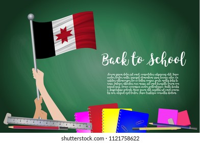 Vector flag of Udmurtia on Black chalkboard background. Education Background with Hands Holding Up of Udmurtia flag. Back to school with pencils, books, school items learning and childhood concept.
