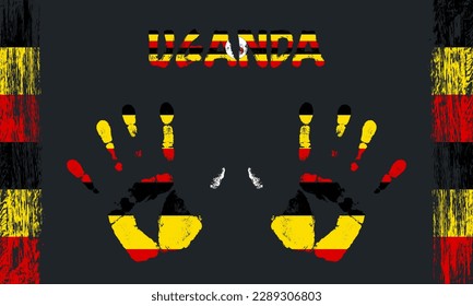 Vector flag of Uganda in the form of peaceful palms with text and brush strokes on a black background.