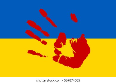 Vector flag of Ukraine with bloody hand print.
