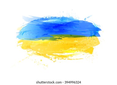 Vector flag of Ukraine made with colorful splashes, isolated on white background. Imitation of watercolor. Ukrainian background with grunge smears and splashes.