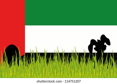 Vector Flag of United Arab Emirates with Easter Eggs and Easter Bunny in grass