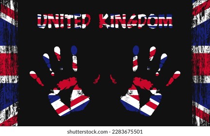 Vector flag of United Kingdom in the form of peaceful palms with text and brush strokes on a black background.