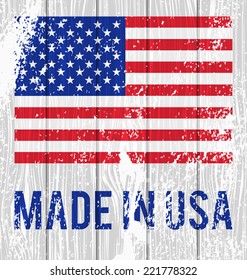 Vector flag of the United States and the words "Made in USA" on a white wooden board