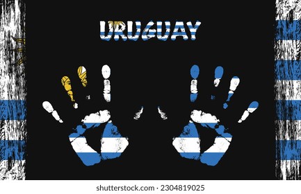 Drapeau vectoriel de l'Uruguay sous forme de palmiers pacifiques avec texte et coups de pinceau sur fond noir.