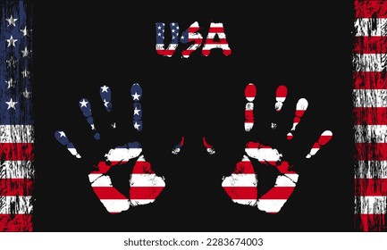 Vector flag of USA in the form of peaceful palms with text and brush strokes on a black background.