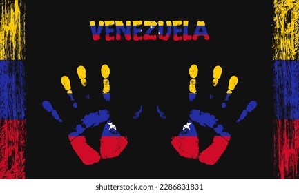 Vector flag of Venezuela in the form of peaceful palms with text and brush strokes on a black background.