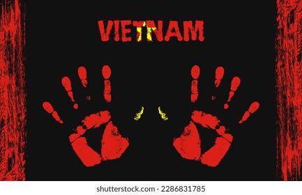 Vector flag of Vietnam in the form of peaceful palms with text and brush strokes on a black background.
