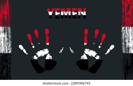 Vector flag of Yemen in the form of peaceful palms with text and brush strokes on a black background.