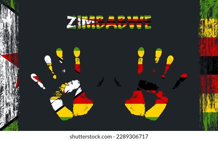 Vector flag of Zimbabwe in the form of peaceful palms with text and brush strokes on a black background.