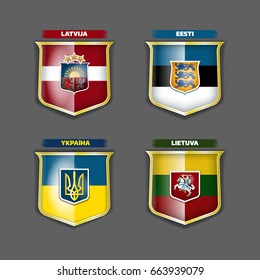 Vector flags and coats of arms of Lithuania Latvia Estonia Ukraine on the shields.