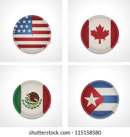 Vector flags of countries as fabric badges icon set. Includes United States of America, Canada, Mexico and Cuba flags