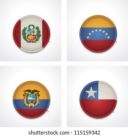 Vector flags of countries as fabric badges icon set. Includes Chile, Venezuela, Ecuador and  Peru flags