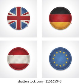 Vector flags of countries as fabric badges icon set. Includes United Kingdom of Great Britain and Northern Ireland, Germany, Austria and European Union flags