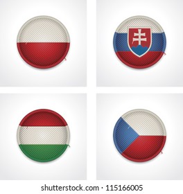 Vector flags of countries as fabric badges icon set. Includes Poland, Slovakia, Czech and Hungary flags