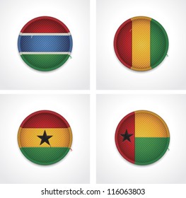 Vector flags of countries as fabric badges icon set. Includes Guinea, Gambia, Ghana and Guinea-Bissau flags
