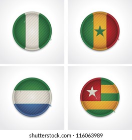 Vector flags of countries as fabric badges icon set. Includes Nigeria, Senegal, Sierra Leone and Togo flags