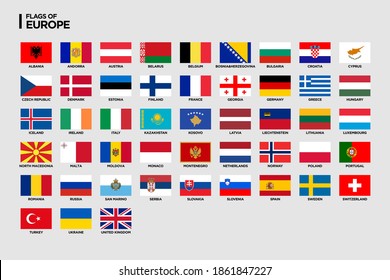 Vector flags of Europe with country names. Vector illustration on grey background