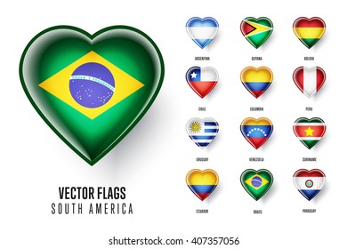 Vector flags icon of countries of South America. Brazil, Guyana, Bolivia, Chile, Colombia, Peru, Uruguay, Venezuela, Suriname, Ecuador, Paraguay.