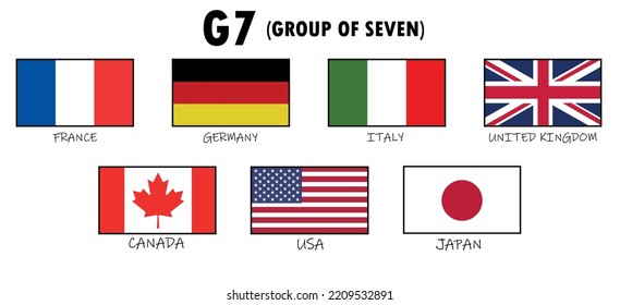 Vector flags of Members of G7. inter-governmental political forum consisting of Canada, France, Germany, Italy, Japan, the United Kingdom and the United States. Flags vector members