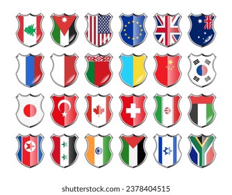 Vector flags on a shield with highlights. 24 state symbols of different countries of the world. Israel, Palestine, Ukraine, Russia, USA, Libanon and others. White isolated background.