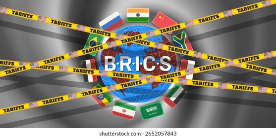 Vector flags, planet earth and BRICS inscription. Tariff warning yellow tapes. Sanctions. Economy and business. Brazil, Russia, India, China and South Africa. Political poster. 11 countries and USA