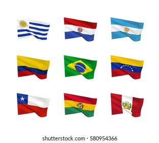 Vector flags (South American countries). A set of 9 wavy 3D flags created using gradient meshes. EPS 8 vector