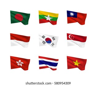 Vector flags (South Asia countries). A set of 9 wavy 3D flags created using gradient meshes. EPS 8 vector