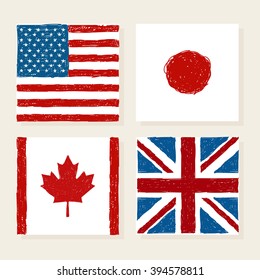 Vector flags of USA Japan Canada and Great Britain in kids style