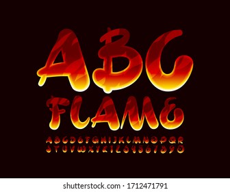 Vector Flame Alphabet. Handwritten artistic Font. Fire pattern Letters and Numbers