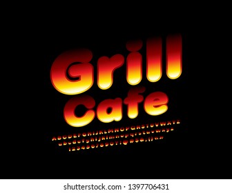 Vector flame banner Grill Cafe with gradient Font. Bright original Alphabet Letters, Numbers and Symbols