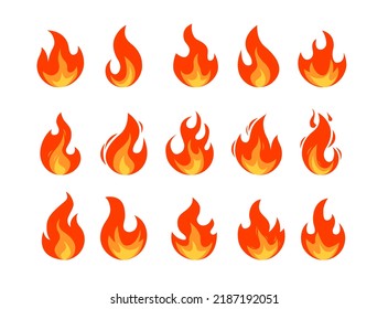 Vector flame collection - Set of fire symbols and graphical elements in red and orange on white background. Flat design illustration