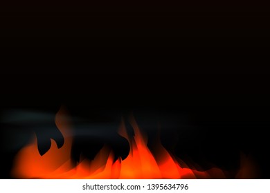 Vector flame fire with smoke on black background. Dark black with fire in bottom vector. 
