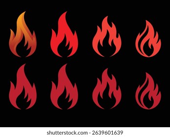 Vector flame icons in red, orange, gradient fire symbol set