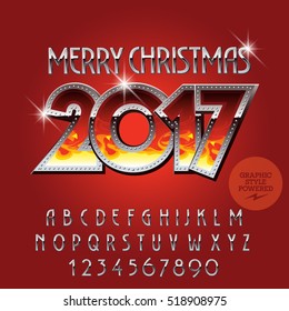 Vector flame Merry Christmas 2017 greeting card with set of letters, symbols and numbers. File contains graphic styles