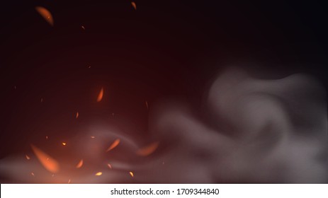 Vector flames and sparks on a dark background, orange fire with smoke