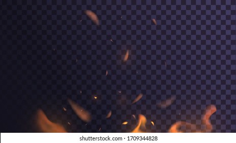 Vector flames and sparks on a transparent background, orange fire