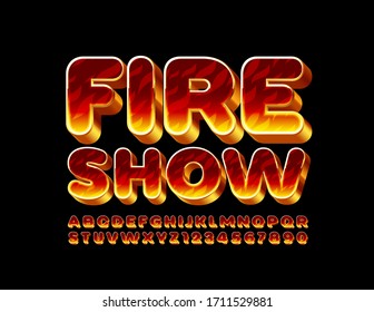 Vector flaming banner Fire Show with burning texture Font. Bright 3D Alphabet Letters and Numbers