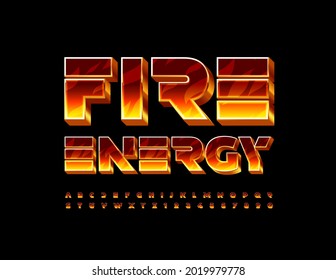 Vector Flaming Emblem Fire Energy. Burning Pattern Font, Bright 3D Alphabet Letters And Numbers Set