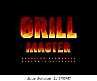 Vector flaming logo Grill Master. Fire pattern Font. Burning Alphabet Letters and Numbers set