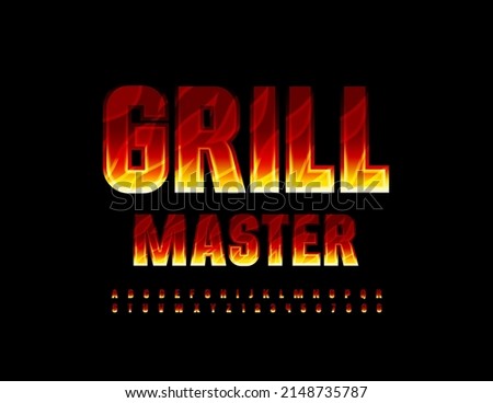 Vector flaming logo Grill Master. Fire pattern Font. Burning Alphabet Letters and Numbers set
