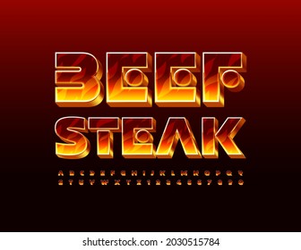 Vector flaming sign Beef Steak. 3D burning Alphabet Letters and Numbers set. Fire pattern Font