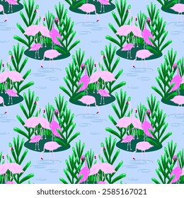 Vector - Flamingo birds seamless pattern. Standing on an island.