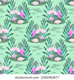 Vector - Flamingo birds seamless pattern. Standing on an island.