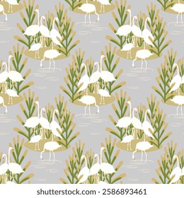 Vector - Flamingo birds seamless pattern. Standing on an island.