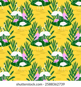 Vector - Flamingo birds seamless pattern. Standing on an island.