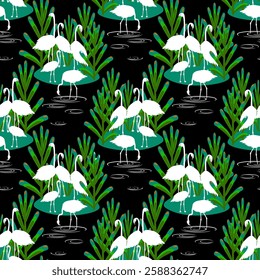 Vector - Flamingo birds seamless pattern. Standing on an island.