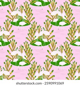 Vector - Flamingo birds seamless pattern. Standing on an island.